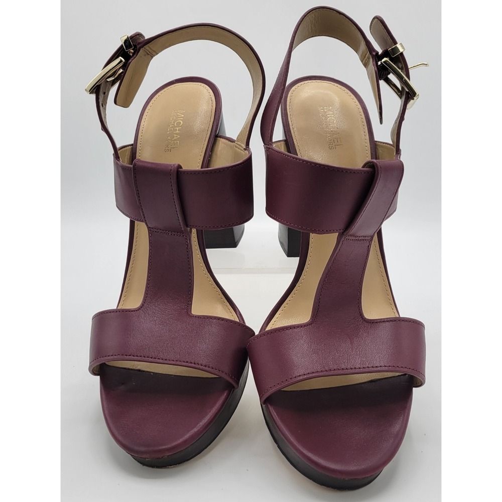 Michael Kors Becker T-Strap Slingback Sandals Sz 10 Burgundy Leather Block Heel